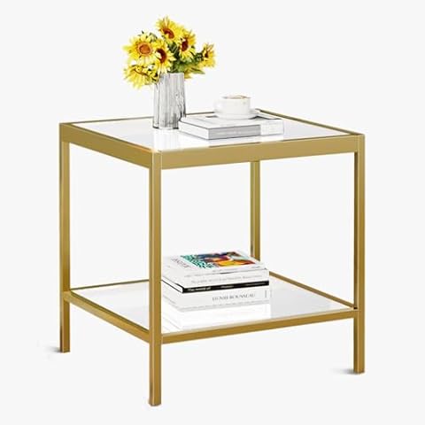 2 Tier Square End Table Side Table with Tempered Glass Top and Gold Metal Frame Modern Night Stand for Small Spaces Side Table with Storage for Living Room Bedroom Cover