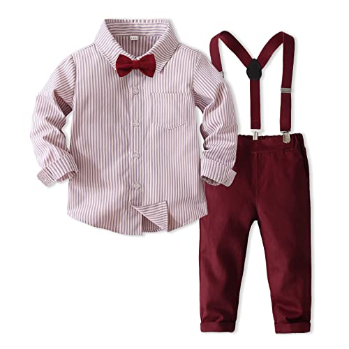 Kimocat Baby Boys Long Sleeve Gentleman Bowtie Outfit Suits Set (Red, 18-24 Months)