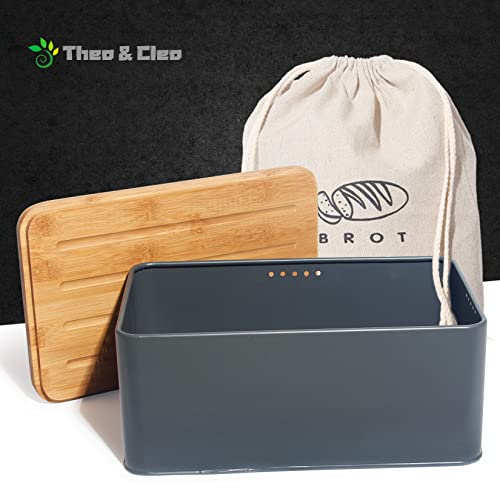 Foto von Theo&Cleo Brotkasten mit Schneidebrett , 33x21x15cm , Matte Brotbox mit Bambusdeckel und Leinen Brotbeutel , Rundum Belüftung , Brotkorb für langanhaltende Frische Grau