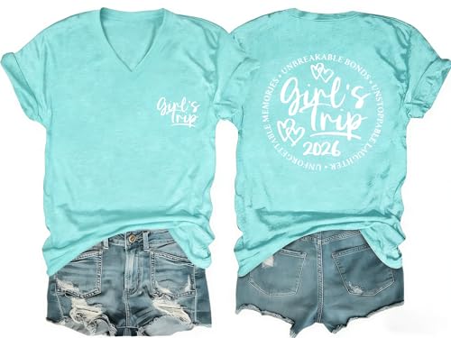 MASHANKU Girls Trip 2026 T-Shirt for Women Graphic V-Neck Besties Travel Top Summer Vacation Beach Shirt, Lake Blue S