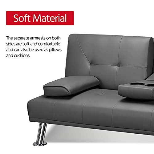 Yaheetech Modern Faux Leather Futon Set Convertible Recliner Sleeper Fold Up & Down Loveseat Reversible Daybed Guest Bed, 3 Angles Adjustable, 2 Cup-Holders, Up To 772 Lbs, Gray #TOP4