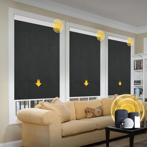 Motorized Smart Blinds With Remote, Grasscloth Fabric Roller Shades With Valance Cover, Cordless Automatic Blackout Electric Blinds for Windows, Black 34" W x 72" H