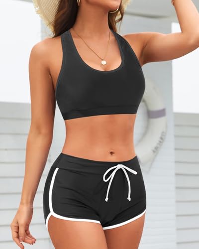 Image of Women Two Piece Sporty Bikini Set Athletic Swimsuits with Boy Shorts Bottom | Racerback, Crop top, Drawstring, Bathing suits, Mid Rise, Padded bra, Full lining, Scoop neck, Full coverage