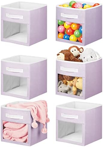 mDesign Fabric Nursery/Playroom Closet Storage Organizer Bin Box with Front Handle/Window for Cube Furniture Shelving Units, Hold Toys, Clothes, Diapers, Bibs, Jane Collection, 6 Pack, Lt Purple/White