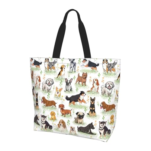 Majoug Cute Dog Pattern Tote Bags for Women, Reusable Grocery Shopping Shoulder Bag, Cute Animal Print Large Capacity Bag for Work Travel Gym Picnic Daily Use