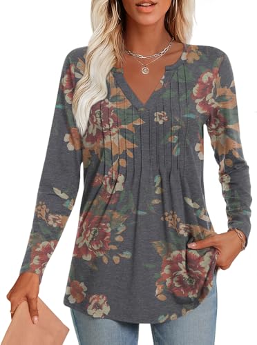 COFNEW Womens Long Sleeve Tunic Tops Ladies Fall Fashion Casual Shirt V Neck Pleated Blouse M, Brown Black