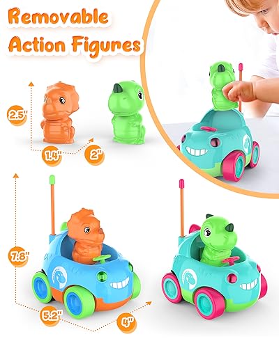 Qumcou Toddler Remote Control Car, Two Cartoon RC Cars for Toddlers, Dinosaur Toys for Kids 3-5, Birthday Gift for Boys & Girls, Car Toys with LED Lights & Music, Blue