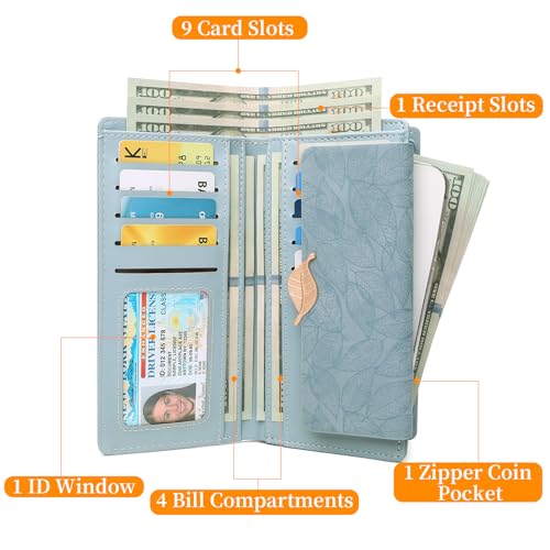 Image of Women's Wallet Leather RFID Blocking Bifold Clutch Large Capacity Credit Card Holder with Coin Zipper Purse