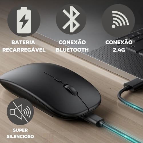 Mouse Sem Fio Recarregável com Led RGB, Design Ergonômico, Conexão Dual Bluetooth 5.0/USB 2.4GHz, DP