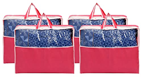 Image of Heart Home Multiuses Non-Woven Clothes Storage Bag /Wardrobe Organizer /Saree Cover With Top Tranasparent Window- Pack of 4 (Pink)