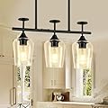 Pandaluna 3-Light Pendant Lights Kitchen Island Lighting Fixtures Black Linear Chandelier Dining Room Light Fixture Ceiling Hanging Modern Kitchen Chandeliers Over Table with Clear Glass Shades