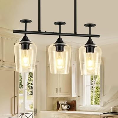 Pandaluna 3-Light Pendant Lights Kitchen Island Lighting Fixtures Black Linear Chandelier Dining Room Light Fixture Ceiling Hanging Modern Kitchen Chandeliers Over Table with Clear Glass Shades