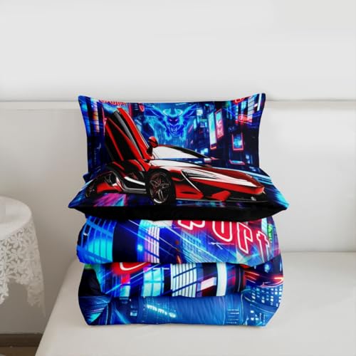 Image of Feelyou Red Race Car Comforter Boys Speed Sports Car Bedding Set for Kids Boys Girls Racing Car Comforter Set Extreme Sports Duvet Set 1 Comforter Set with 2 Pillowcases King Size Boys