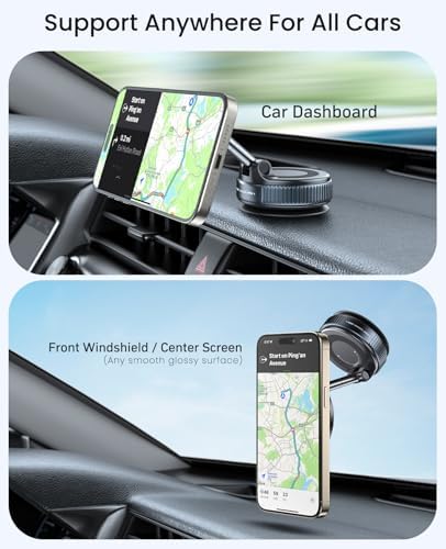 Jononser Magnetic Car Phone Holder for MagSafe, Nano-Gel Suction Cup Phone Mount for Car Dashboard & Windshield, Pocket-Size Foldable 360° Adjustable Car Mount for iPhone 17 16 15 14 13 12 Series — view 8