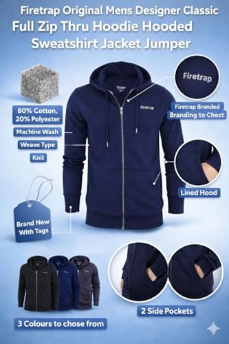 Firetrap Original Mens Designer Classic Full Zip Thru Hoodie Hooded Sweatshirt Jacket Jumper Deep Navy M - Image 3