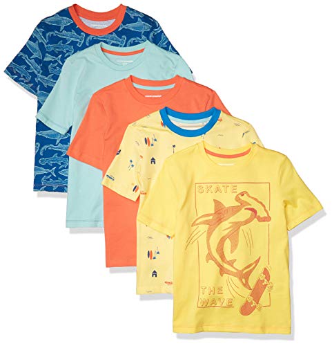 Amazon Essentials Camisetas de Manga Corta Niño, Pack de 5, Tiburón, 6-7 años