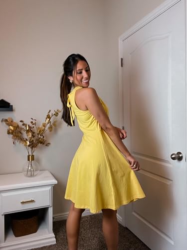 OUGES Women's 2026 Summer Fashion Yellow Halter Neck Sleeveless Tie Back Swing A-Line Sundress Beach Vacation Mini Dress(Yellow,S) - Thumbnail 3