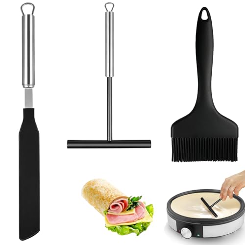 distributor and spatula, 3 Stück Crêpes Verteiler und Spatel Set, Edelstahl 304 und Silikon Crepe Wender Teigverteiler, T-Förmiger Teigverteiler, Spatel, Kochpinsel