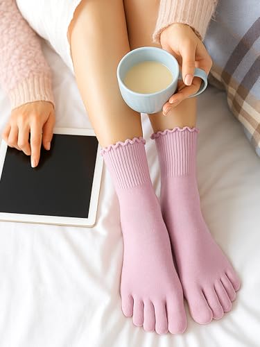 Image of Fourluoo 6 Pair Women Toe Socks Cotton Ruffle Five Toe Sock Finger Running Socks with Toes Separated for Women Men Athletic