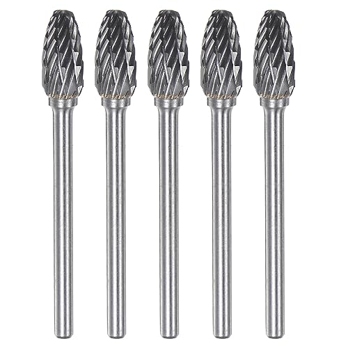 Image of sourcing map 5pcs Carbide Rotary Burrs 1/8" (3mm) Shank 1/4" (6mm) Head Double Cut Flame H Shape Die Grinder Bits Rasp Files for Metal Wood Plastic Polishing Engraving