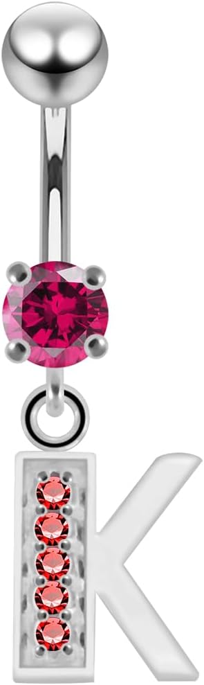 Cz Gemstones Fancy K Alphabet Dangling Design 925 Sterling Silver with Stainless Steel Belly Ring - Belly Button jewelry - Navel jewelry