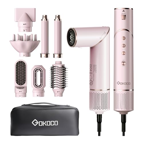 GOKOCO Escovas Secador de Cabelo Profissional 7 em 1 - Incluso 2x Bocal, Difusor, Escova Secadora, 2x Modelador de Cachos, Alisador para Alta Velocidade Para Secar, Alisar e Enrolar, GD032 127v Rosa