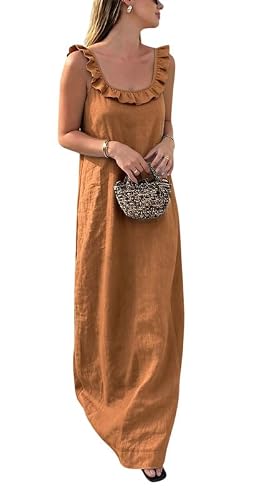 CHARTOU Women's Summer Linen Midi Dress Ruffle Sleeveless Casual Loose Long Tank Dress Beach Cover Up Sundress with Pockets (Medium,Brown)