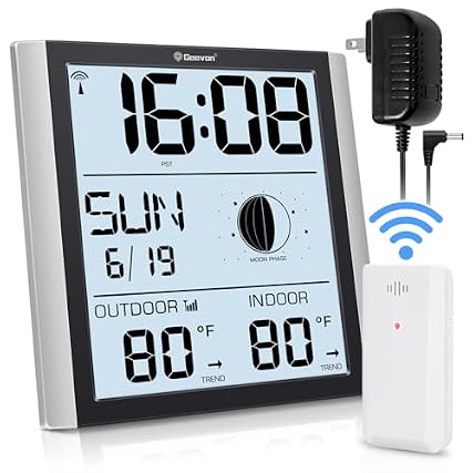 Geevon Digital Atomic Wall Clock with Moon Phase and Backlight, Silent Non Ticking Alarm Clock with
