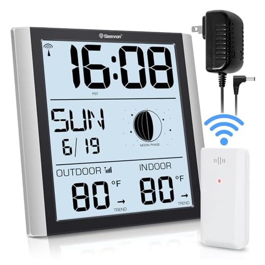 Geevon Digital Atomic Wall Clock with Moon Phase and Backlight, Silent Non-Ticking Alarm Clock with 8 Inch Large Display, Indoor Outdoor Temperature, Calendar for Home Office Bedroom Kitchen