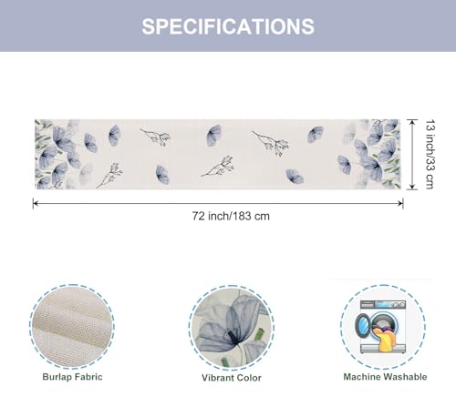 ZCHOMI Poppy Floral Leaves Table Runner 13x72 Inch Seasonal Spring Summer Blue Flower Kitchen Dinning Table Decoration for Home Party Decor by ZCHOMI - Image 6