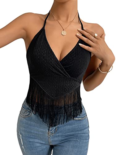 Sweatyrocks Women's Sleeveless Fringe Hem Halter V Neck Wrap Cami Top Tie Back Crop Tops Black L #TOP3