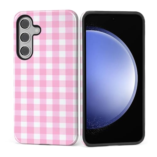ZHEGAILIAN Case for Samsung Galaxy S26,Shockproof Hard Shell + Soft Silicone 2 in 1 Hybrid,Shockproof Bumper Drop Protective- Simple Pink and White Check