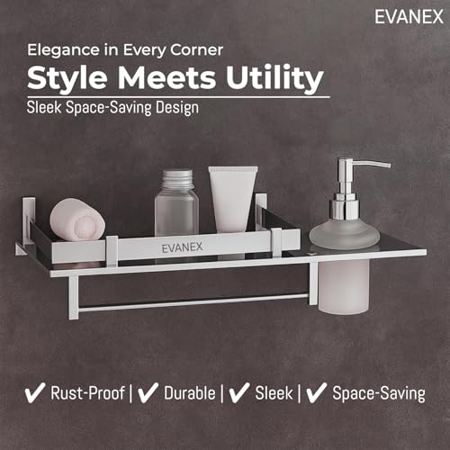 Image of EVANEX Bathroom Shelf | 5x15 Inch 304 Stainless Steel Wall Mount Bathroom Organizer with Towel Hanger, Liquid Soap & Shampoo Dispenser Holder | 3 in 1 Multipurpose Bathroom Rack