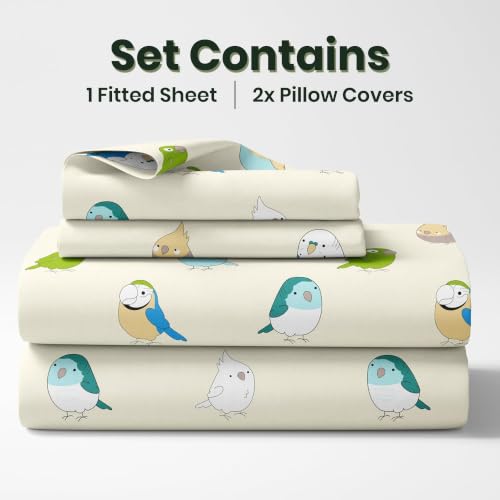 Image of LORETO - A QUALITY LINEN BRAND 186 TC 100% Pure Cotton King Size Fitted Bedsheet with 2 Pillow Covers for 78 x 72 Inch Mattress, All-Around Elastic, 8 Inch Deep Pocket, Multicolor Birds