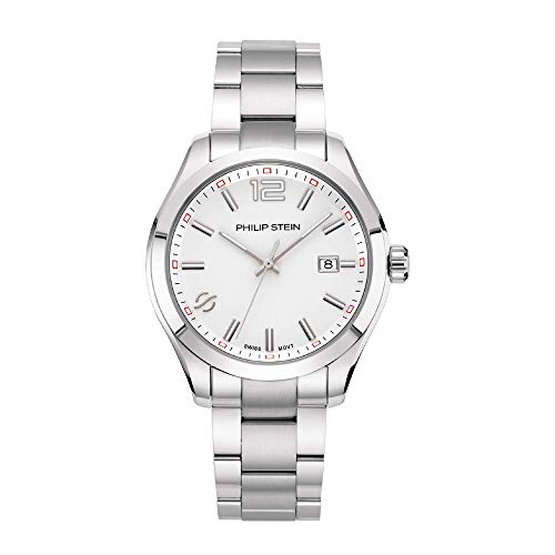 Philip Stein Analog Display Wrist Swiss Quartz Traveler Men Smart Watch Stainless Steel Silver Clasp Chain With White Dial Natural Frequency Technology Provides More Energy - Model 92-Cwsl-Ss #TOP19