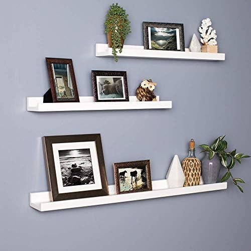 AHDECOR Picture Ledge Shelves White 2 Set MDF Floating Wall Shelves for Picture Frames and Books with Length 38cm Storage for Bedroom, Bathroom, Home Office, Living Room
