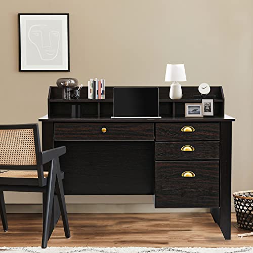 Catrimown Computer Desk With Drawers And Hutch, Farmhouse Wood Home Office Desk Kids Writing Study School Student Desk Pc Laptop Desk Bedroom For Small Spaces, Espresso Brown #TOP7
