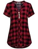MOQIVGI Womens Casual Summer Short Sleeve Shirts Buffalo Plaid Split V Neck Blouse Cute Stylish Pleated Tunic Tops Red Black Medium