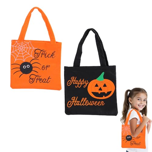 GELXGRIT Lot de 2 sacs à friandises d'Halloween en feutre avec poignée, motif citrouille, araignée, sacs cadeaux réutilisables pour bonbons, friandises, collations, cadeaux d'Halloween