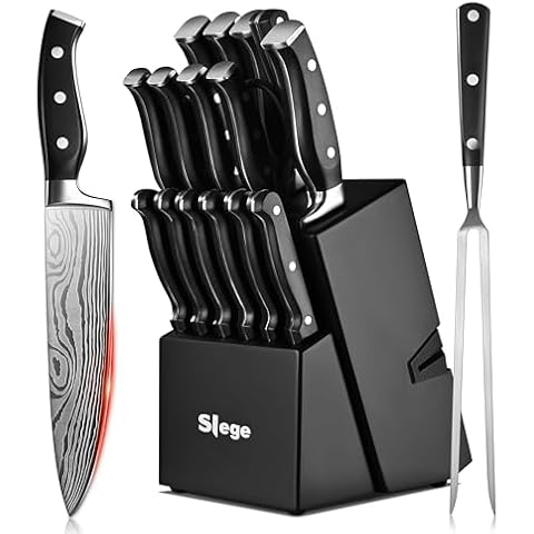 Knife Set, Slege 18-Piece Knife Sets for Kitchen with Block, Stainless Steel Kitchen Knives with Built-in Sharpener, Kitchen Shears and Carving Fork, Black Cover