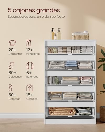 Miniatura 5 de Vasagle Colección Kailyn - Cómoda De 5 Cajones Para Dormitorio, Armario De Almacenamiento, Mueble Para Ropa, 40 X 60 X 97,4 Cm, Estilo Moderno, Blanco Nieve Lts605we01