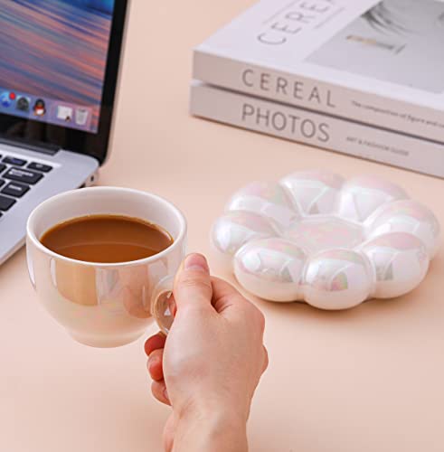 Ariskey Cloud Mug Ceramic Coffee Mug With Sunflower Coaster- Flower Mugs Novelty Coffee Mug Set With Saucer And Spoon- 6.5 Oz/200 Ml Creative Mug For Latte Milk And Tea- Pearl White #TOP2