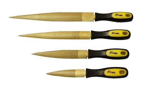 FITOOL Golden Wood Rasp 4Piece Set, Fine Cut, 4-6-8-10, Tapered Rasp for Wood, Leather, Soft Metals, Soft Plastic, Quality High Carbon Steel Rasp File 4-Pack