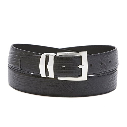 Concitor Men's Wide Bonded Leather Belt BLACK LIZARD Skin Pattern Silver-Tone Buckle 44
