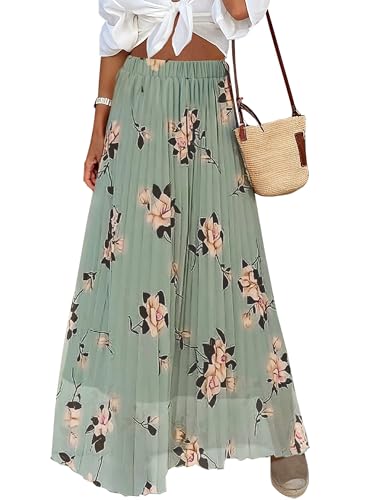 ANRABESS Womens Pleated Floral Maxi Skirt Fall Chiffon Casual Elastic Waist A-Line Flowy Boho Long Skirts 2025 Trendy Outfit