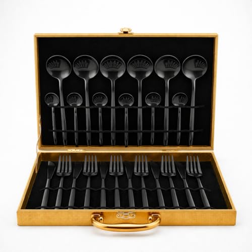 Image of 24-Piece Cutlery Set with Storage Box | SUS410 Stainless Steel Dinner Set | Luxury Gift Set with Carry Case | Premium Spoon Fork Knife Set for Dining & Festive Gifting - Black