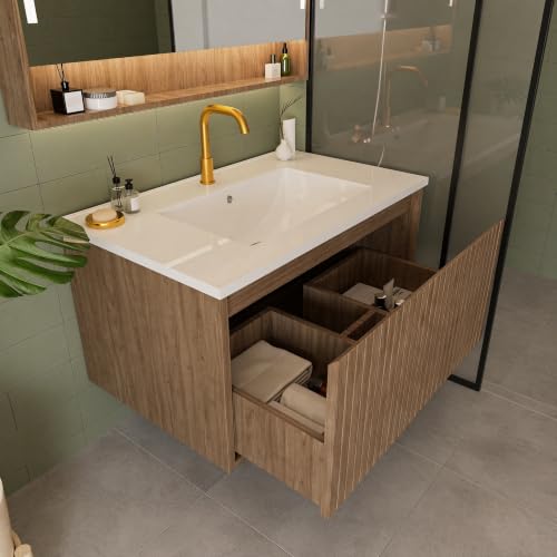 Image of 30 Inch Floating Bathroom Vanity with Ceramic Sink, Modern Striped Wall Mount Vanity Cabinet with Compartmentalized Storage Drawer, Walnut