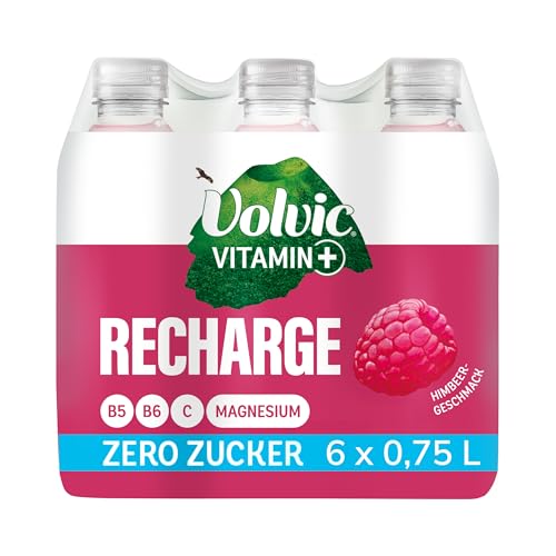 Volvic Vitamin+ Recharge Himbeere – Erfrischungsgetränk mit Magnesium und Vitaminen – Ohne Zucker und ohne Kalorien – 6 x 0,75 l