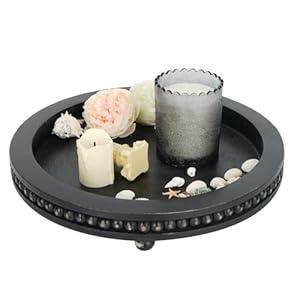 Round Wood Beaded Decorative Trays – 12in Round Tray for Home Decor, Kitchen Table Decor, Coffee Table Decor, Farmhouse Serving Tray with 3 Wooden Feet for Stability（Black）