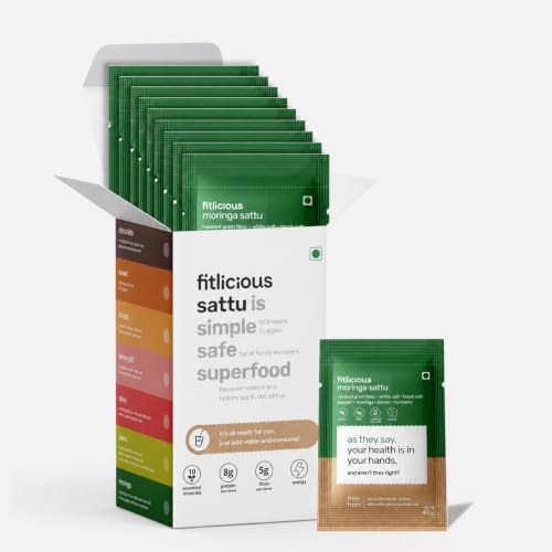 Image of fitlicious Moringa Sattu Powder | Bihari Chana Sattu | Natural & Organic | Gluten-Free, Non-GMO | High Protein & Fiber | Instant PremiX | Healthy Drink For All Ages | Pack Of 10 X 40g Sachets